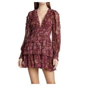 House Of Harlow Tiered 1960 Floral Mini Dress Berry Size 8 longsleeve womens